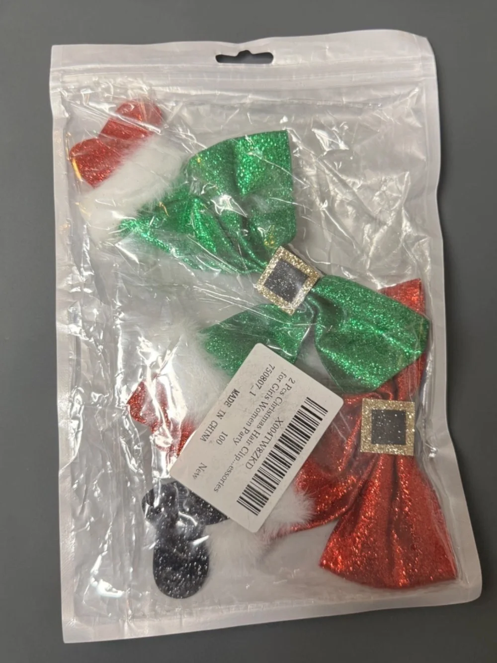Christmas Glitter Bow Hair Clips Set of 2 Red Green Sequin Santa Holiday NWOT